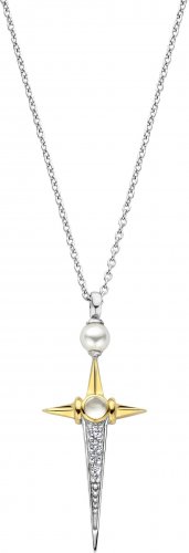 Silver and Gold Plated Pearl and Cubic Zirconia Cross Necklace 34034YP