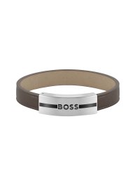 Men's Boss Luke Brown Leather Strap Bracelet With Boss Logo Buckle