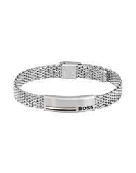 Men's Boss Alen Silver Coloured Mesh Strap Bracelet With Boss Logo