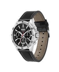 Men's Boss Troper Chronograph Watch With Black Leather Strap Featuring A Stitch Detail. Black Dial And Index