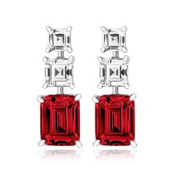 Triple Jointed Asscher Cut And Red Emerald Cut Claw Set Drop Earrings LEG0022R