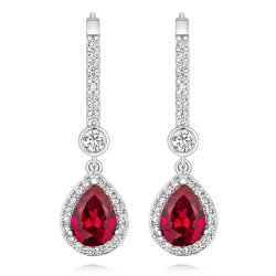 Round Rubover And Red Pear Shape Halo Style Drop Earrings LEG0072R