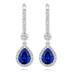 Round Rubover And Blue Pear Shape Halo Style Drop Earrings LEG0072S