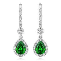Round Rubover And Green Pear Shape Halo Style Drop Earrings LEG0072E