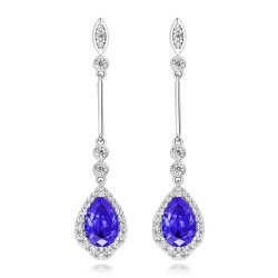 Blue Pear Shape With Knife Wire Fancy Pear Halo Long Drop Earrings LEG0056TZ