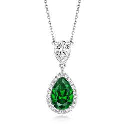 Green Pear Shape Halo Style Double Drop Pendant On Fixed Chain LPG0040E