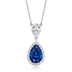 Blue Pear Shape Halo Style Double Drop Pendant On Fixed Chain LPG0040S
