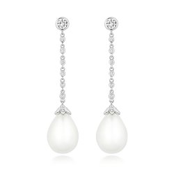 Round Rubover Stone Set Chain Long Pearl Earring Drop LEG0109