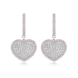 White Heart With Pink Surround Pave Set Drop Earrings LEG0123
