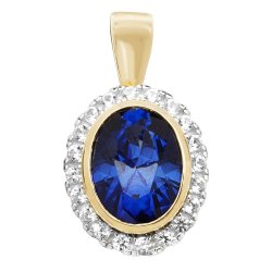 9ct Gold Oval Created Sapphire And White Sapphire Pendant 