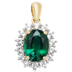 9ct Gold Oval Created Emerald And White Sapphire Pendant 
