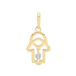 9ct Gold Hamsa With Dangle Cz Pendant 