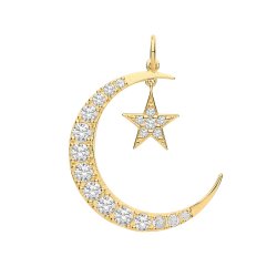 9ct Gold Cz Star And Crescent Moon Pendant 