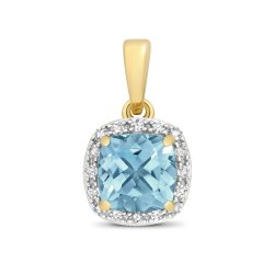 Diamond & Light Swiss Blue Topaz Cushion Cluster Pendant In 9ct Gold 