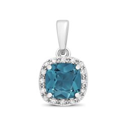 Diamond & London Blue Topaz Cushion Cluster Pendant In 9ct White Gold 