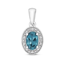 Diamond & London Blue Topaz Oval Cluster Pendant In 9ct White Gold 