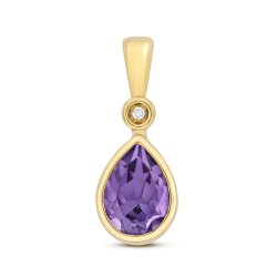 Diamond & Amethyst Pear Shape Rubover Pendant In 9ct Gold 