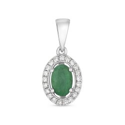 Diamond & Emerald Oval Halo Pendant In 9ct White Gold 
