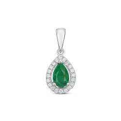 Diamond & Emerald Pear Shape Halo Pendant In 9ct White Gold 