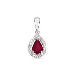 Diamond & Ruby Pear Shape Halo Pendant In 9ct White Gold 