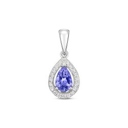 Diamond & Tanzanite Pear Shape Halo Pendant In 9ct White Gold 