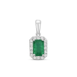 Diamond & Emerald Octagon Cluster Pendant In 9ct White Gold 