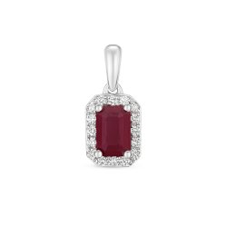Diamond & Ruby Octagon Cluster Pendant In 9ct White Gold 