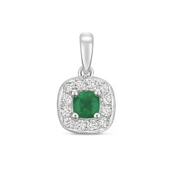 Diamond & Emerald Cushion Cluster Pendant In 9ct White Gold 