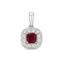 Diamond & Ruby Cushion Cluster Pendant In 9ct White Gold 