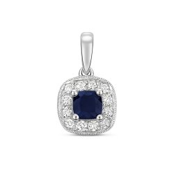 Diamond & Sapphire Cushion Cluster Pendant In 9ct White Gold 