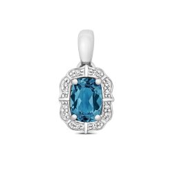 Diamond & London Blue Topaz Cushion Deco Style Cluster Pendant In 9ct White Gold 