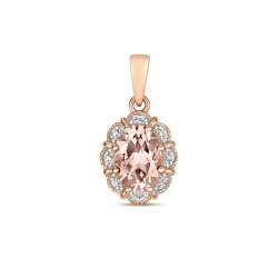 Diamond & Morganite Oval Deco Style Cluster Pendant In 9ct Rose Gold 