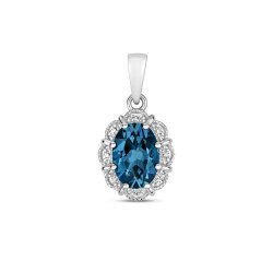 Diamond & London Blue Topaz Oval Deco Style Cluster Pendant 