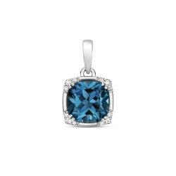 Diamond & London Blue Topaz Cushion With Corner Set Pendant In 9ct Gold 