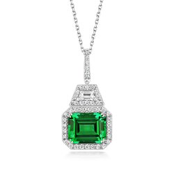 Green Emerald Cut Halo Style Deco Pendant On Running Chain LPG0034E
