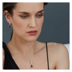 Red Pear Shape Halo Style Double Drop Pendant On Fixed Chain LPG0040R