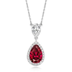 Red Pear Shape Halo Style Double Drop Pendant On Fixed Chain LPG0040R