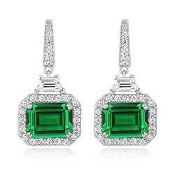 Green Emerald Cut Halo Style With Trapeze Cut Deco Drop Earrings LEG0100E