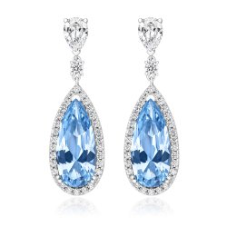 Pale Blue Pear Shape Halo Style Long Slim Drop Earrings LEG0063AQ