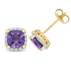 Diamond & Amethyst Cushion Cluster Studs In 9ct Gold 