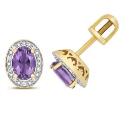 Diamond & Amethyst Oval Cluster Studs In 9ct Gold 