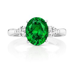 Green Oval Centre Stone Claw Set With Heart Shape Sides Trilogy Ring LRG0025E