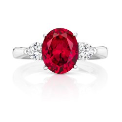 Red Oval Centre Stone Claw Set With Heart Shape Sides Trilogy Ring LRG0025R