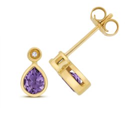 Diamond & Amethyst Pear Shape Rubover Studs In 9ct Gold 
