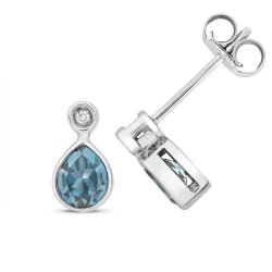 Diamond & London Blue Topaz Pear Shape Rubover Studs In 9ct White Gold 