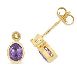 Diamond & Amethyst Oval Rubover Studs In 9ct Gold 