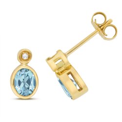 Diamond & Light Swiss Blue Topaz Oval Rubover Studs In 9ct Gold 