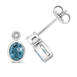 Diamond & London Blue Topaz Oval Rubover Studs In 9ct White Gold 