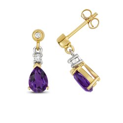 Diamonds & Amethyst Pear Shape Drops In 9ct Gold 
