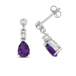 Diamonds & Amethyst Pear Shape Drops In 9ct White Gold 